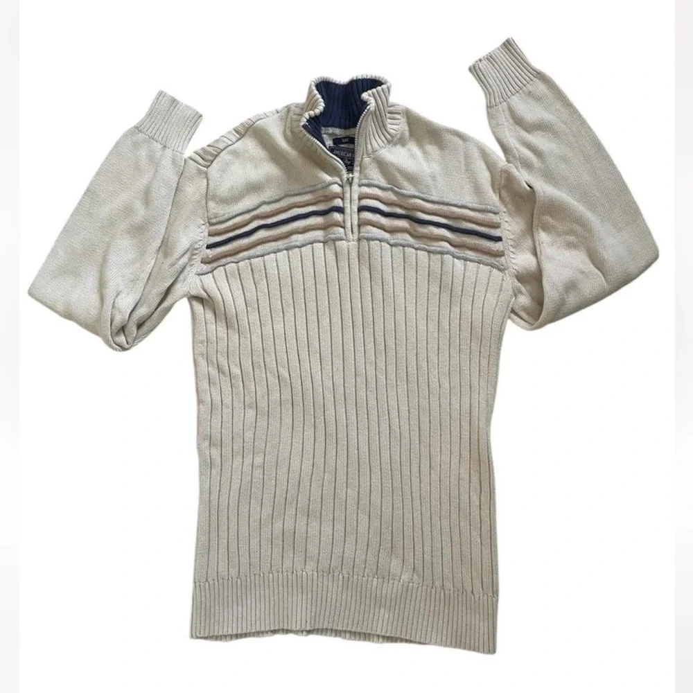 Cream and Navy American Rag QuarterZip preppy style sweater